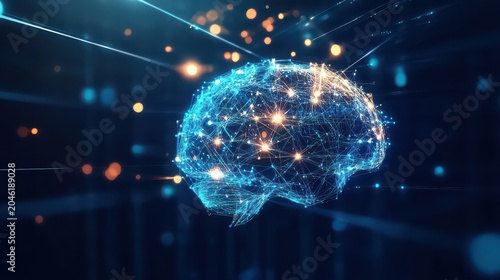Glowing digital brain with neural connections in dark futuristic background