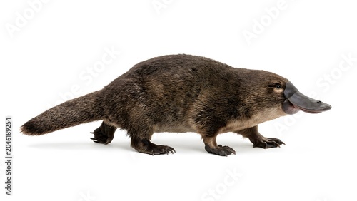 A cute brown platypus walking on the ground in a side view profile