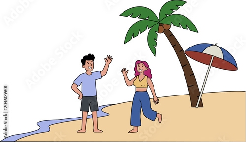 Happy couple waving hands on summer beach vacation flat illustration