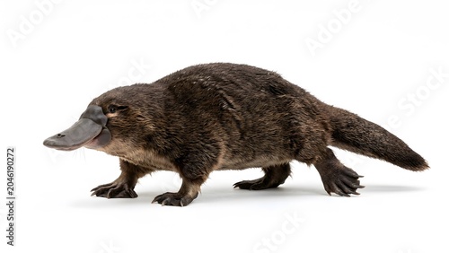 A single duck billed platypus standing and walking in a side view profile