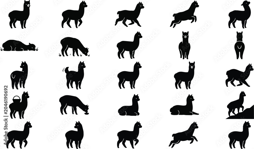 Naklejka premium Alpaca Silhouette Pose Set – Fluffy Mountain Animal Black Vector