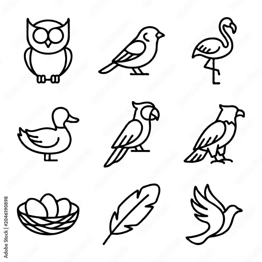 Obraz premium Set of simple bird icons and feather, nest with eggs