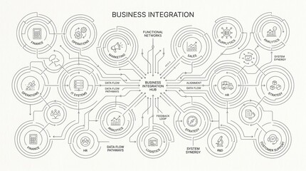 Business integration, workflow diagram, infographic template, icons set, line art