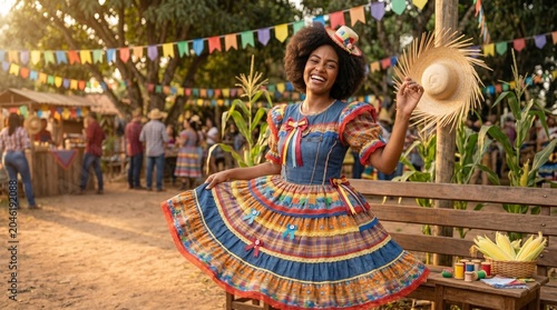 Happy Black woman in traditional dress celebrating Festa Junina in Brazil