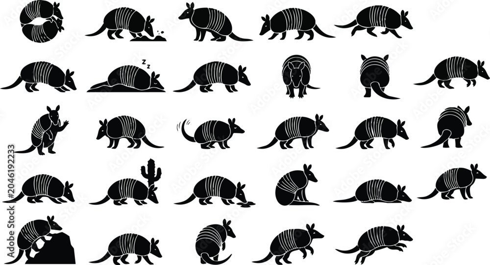 Fototapeta premium Armadillo Silhouette Pose Set – Desert Wildlife Animal Black Vector