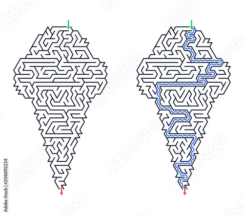 Ice cream cone maze design with highlighted pathway solution  
