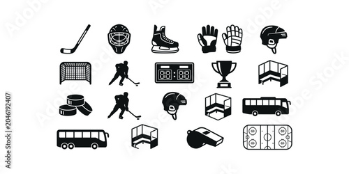 Photography Ice hockey equipment and arena icons set black and white vector graphics