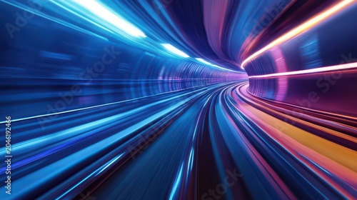 High-speed train racing through neon-lit city tunnel at night