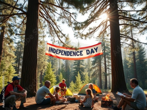 Family celebrating Independence Day in forest.