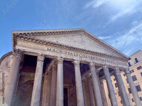 The historic facade and monumental columns of the Roman Pantheon, Rome, Italy