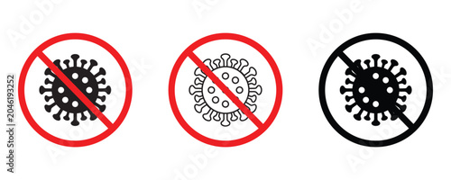 Anti bacteria and stop virus prohibition red sign vector icon collection set.