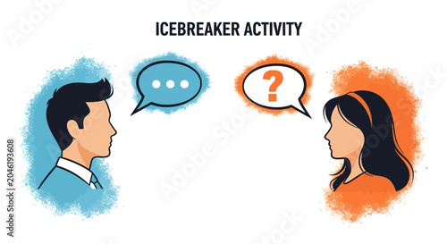 Icebreaker Activity: Man and Woman Communicate with Speech Bubbles