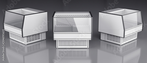 Retail refrigerated display cabinets on glossy floor. 3d illustration on grey background