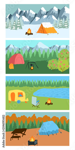 Camping Seasons Collection Vector Illustration Set