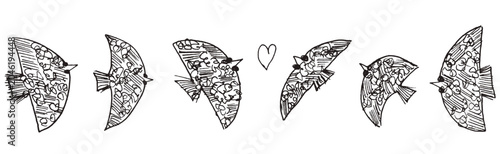 Фотография Folk bird set with ornate pattern fill in hand drawn pen and ink outline