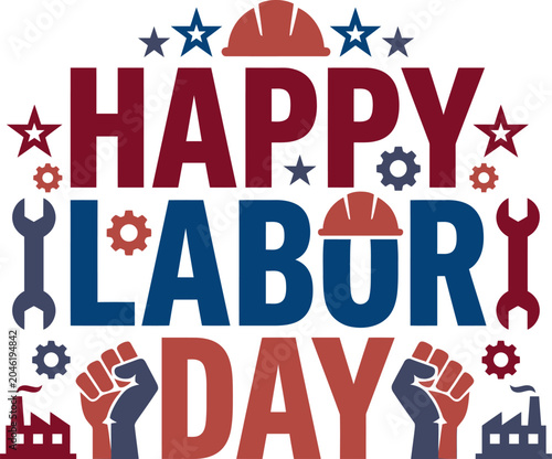 Labor Day celebration with industrial icons and tools on white background