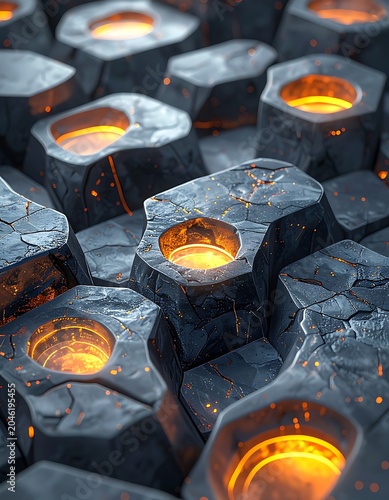Industrial metal bolts with glowing holes.