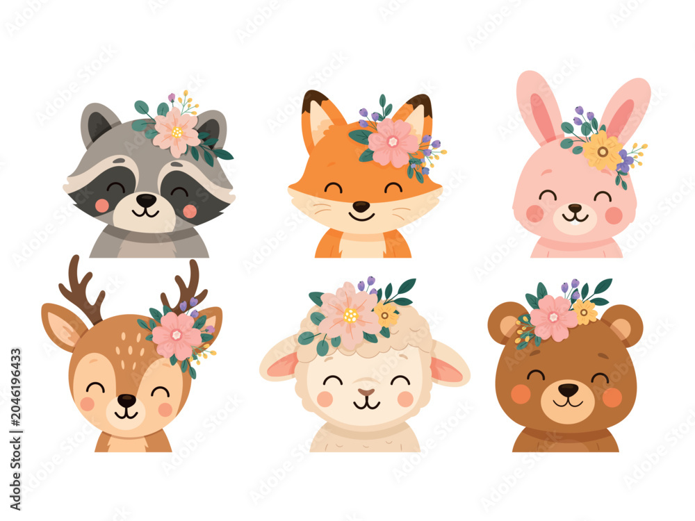 Obraz premium Set cute woodland animals with floral crowns, including raccoon, fox, rabbit, deer, lamb and bear. Flat vector illustration isolated on white background.