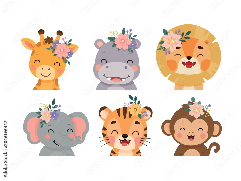 Obraz premium Set cute safari animal portraits featuring giraffe, hippo, lion, elephant, tiger and monkey with floral crowns. Flat vector illustration isolated on a white background.