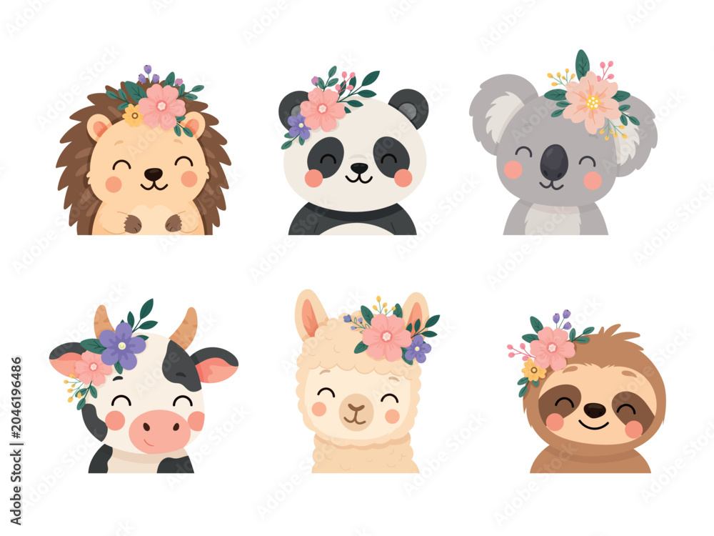 Naklejka premium Set cute animal portraits featuring hedgehog, panda, koala, cow, alpaca and sloth with floral crowns. Flat vector illustration isolated on a white background.
