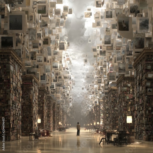 Conceptual walkway under falling photos: Abstract memory tunnel gallery art
