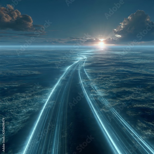 Futuristic highway road vanishing into deep blue horizon at sunrise