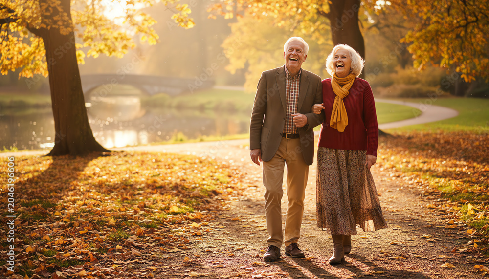 Fototapeta premium A joyful elderly couple walks hand in hand through a picturesque autumn park, surrounded by vibrant foliage and warm sunlight.