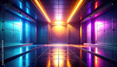 Neon lit corridor with colorful reflections.
