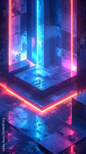 Neon lit futuristic digital corner space.