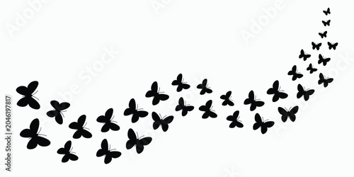 Bild auf Leinwand Flock Of Butterflies In Curved Formation Black Silhouette White Background