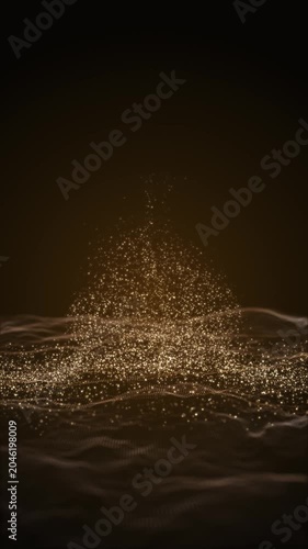 Vertical abstract gold particle wave with glowing glitter background