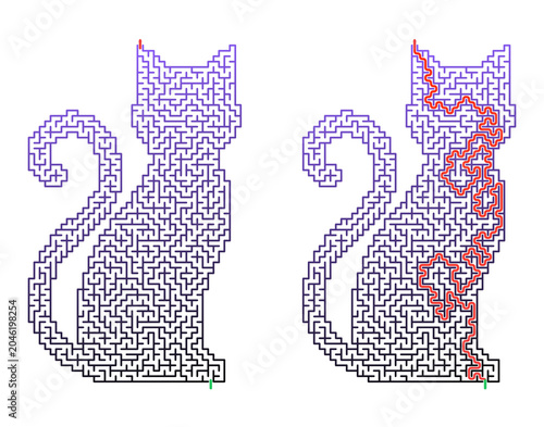 Cat Silhouette Maze Puzzle with Answers – Labyrinth With Entry And Exit on White Background
