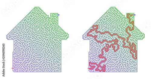 House-Shaped Maze Puzzle with Solution – Labyrinth With Entry And Exit with Answers on White Background
