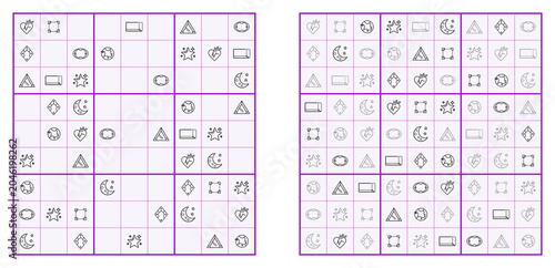 Kids Sudoku 9x9 Grid with Geometric Shapes Instead of Numbers – Easy Level Puzzle with Answers on White Background