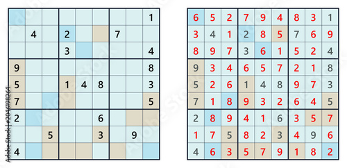 Sudoku 9x9 Grid with Numbers – Expert Level with Answers Puzzle on White Background