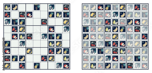Kids Sudoku 9x9 Grid with Fruit Pictures Instead of Numbers – Easy Level Puzzle with Answers on Transparent Background  