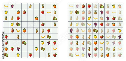 Kids Sudoku 9x9 Grid with Colorful Fruit Pictures Instead of Numbers – Easy Level Puzzle with Answers on Transparent Background