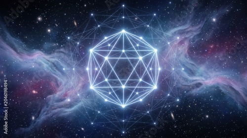Glowing geometric constellation in deep space with nebula