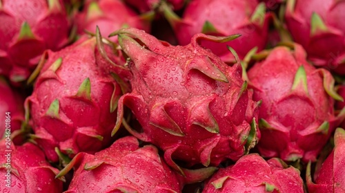 A close-up shot of a vibrant pile of fresh dragon fruits, showcasing their distinctive pink skin and tropical allure, ready for a healthy and delicious snack