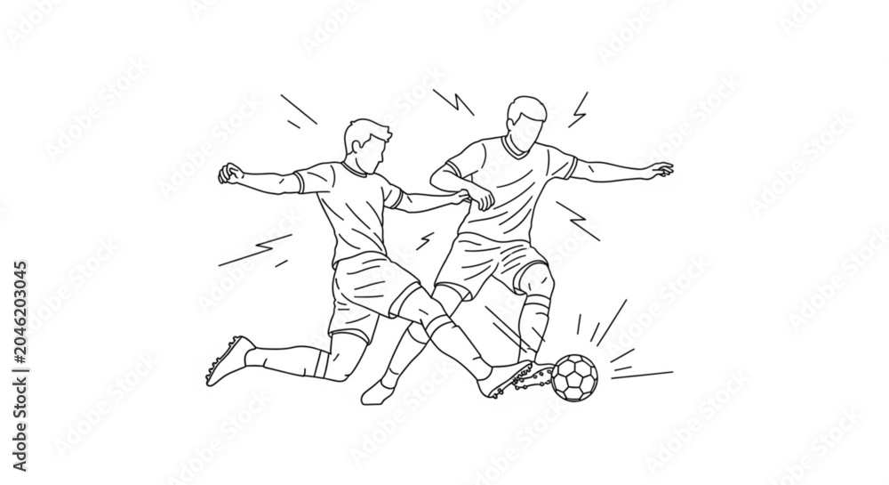 Fototapeta premium Two Soccer Players Competing Tackle Duel Football Action Line Art Vector