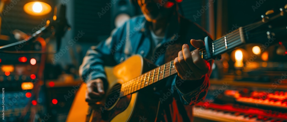 Naklejka premium Musician plays acoustic guitar in dimly lit studio. 64k 8k widescreen, HDR,