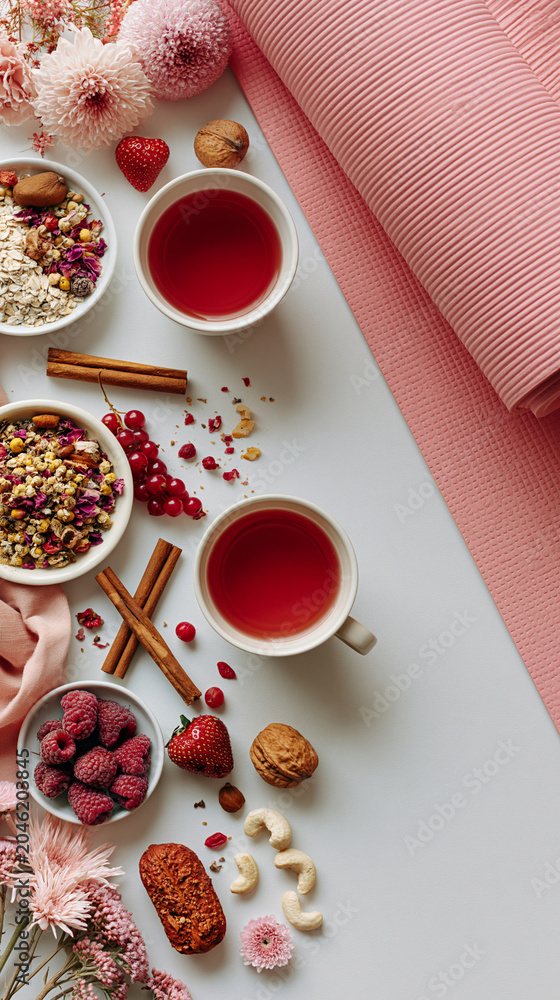 Obraz Womens health wellness table with herbal tea calcium rich foods berries nuts yoga mat and flowers for hormone balance and healthy aging