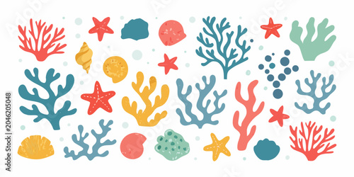 Foto Coral starfish and seashells vector illustration with a white background