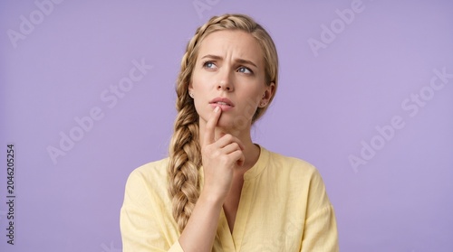 Woman looking confused and trying to remember something. Concept of memory loss, brain fog, and mental struggle. Young blonde lady experiencing cognitive decline or forgetfulness.