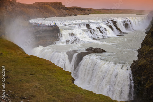 Sunset at Gullfoss, a waterfall located in the canyon of the Hvítá river in southwest Iceland