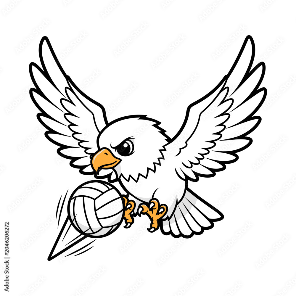 Fototapeta premium Powerful Cartoon Bald Eagle Playing Volleyball Line Art Vector