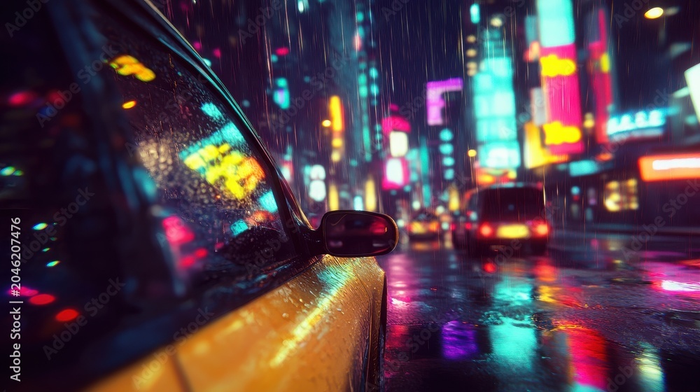 Fototapeta premium Riding through a rainy city at night in a taxi