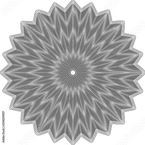 Intricate Guilloche Starburst Vector Illustration, Concentric Wavy Line Art Mandala Pattern