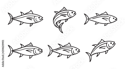 Collection of outline tuna fish illustrations arranged in a grid pattern with swimming illustration monochrome collection isolated background creative composition decorative