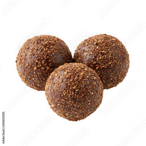 Three chocolate truffle balls coated in cocoa powder isolated on transparent background